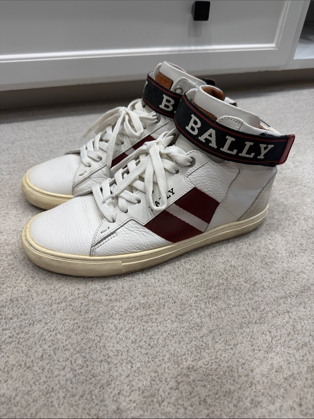 Bally White Leather High-Top Sneakers with Burgundy Stripe and Navy Logo Strap